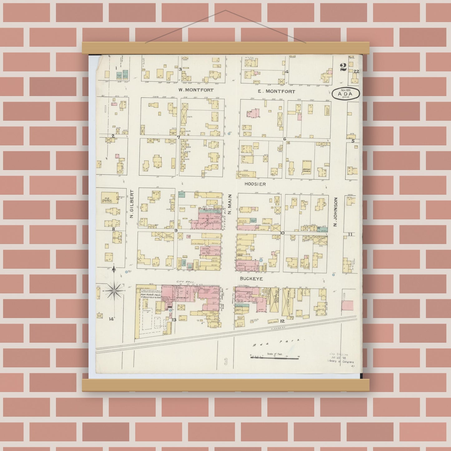 Old map wall art mockup — magnetic wood frame on brick wall — Sanborn Fire Insurance Map from Ada, Hardin County, Ohio (1892), Sheet #0002
