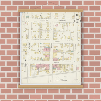 Old map wall art mockup — magnetic wood frame on brick wall — Sanborn Fire Insurance Map from Ada, Hardin County, Ohio (1892), Sheet #0002