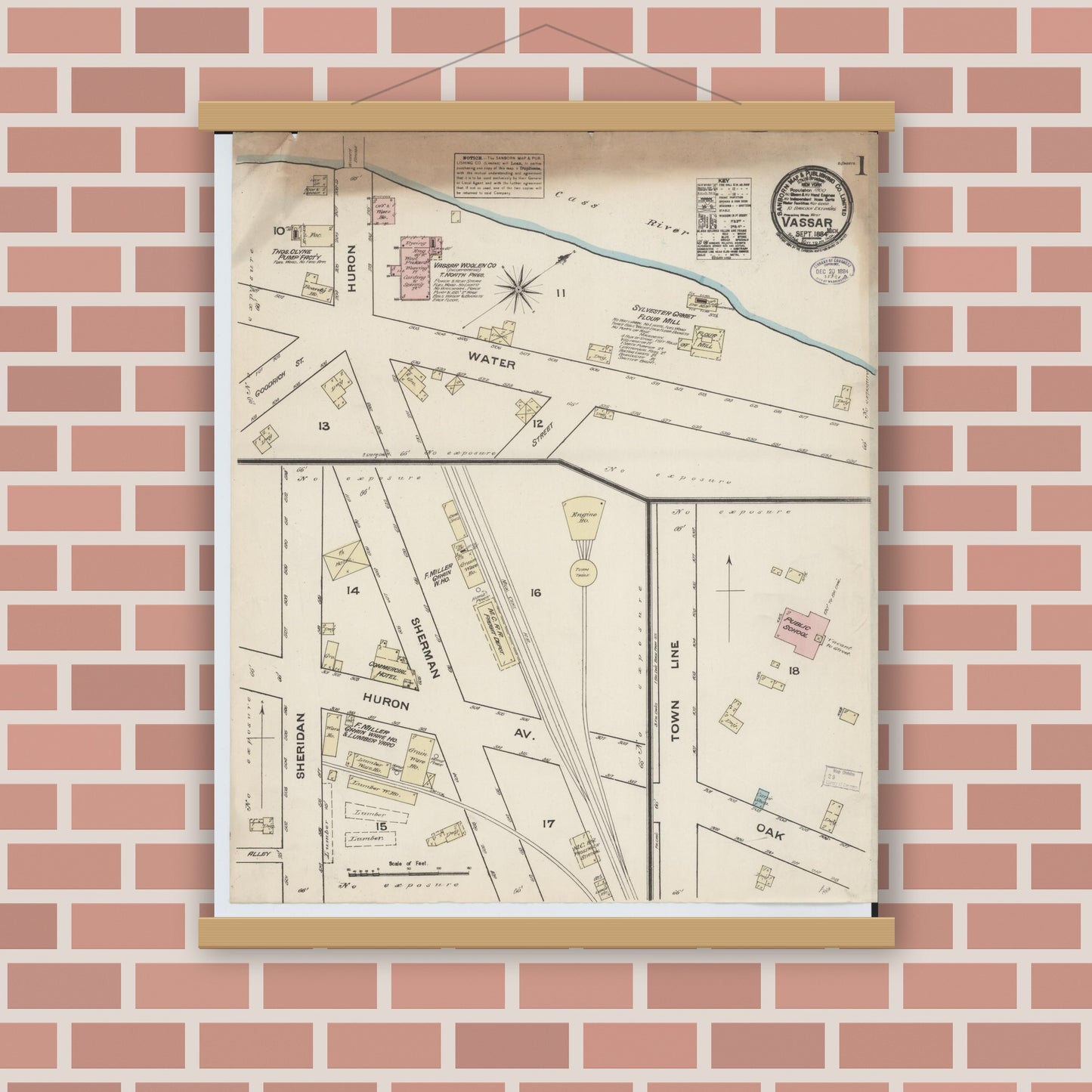 Old map wall art mockup — magnetic wood frame on brick wall — Sanborn Fire Insurance Map from Vassar, Tuscola County, Michigan (1884), Sheet #0001