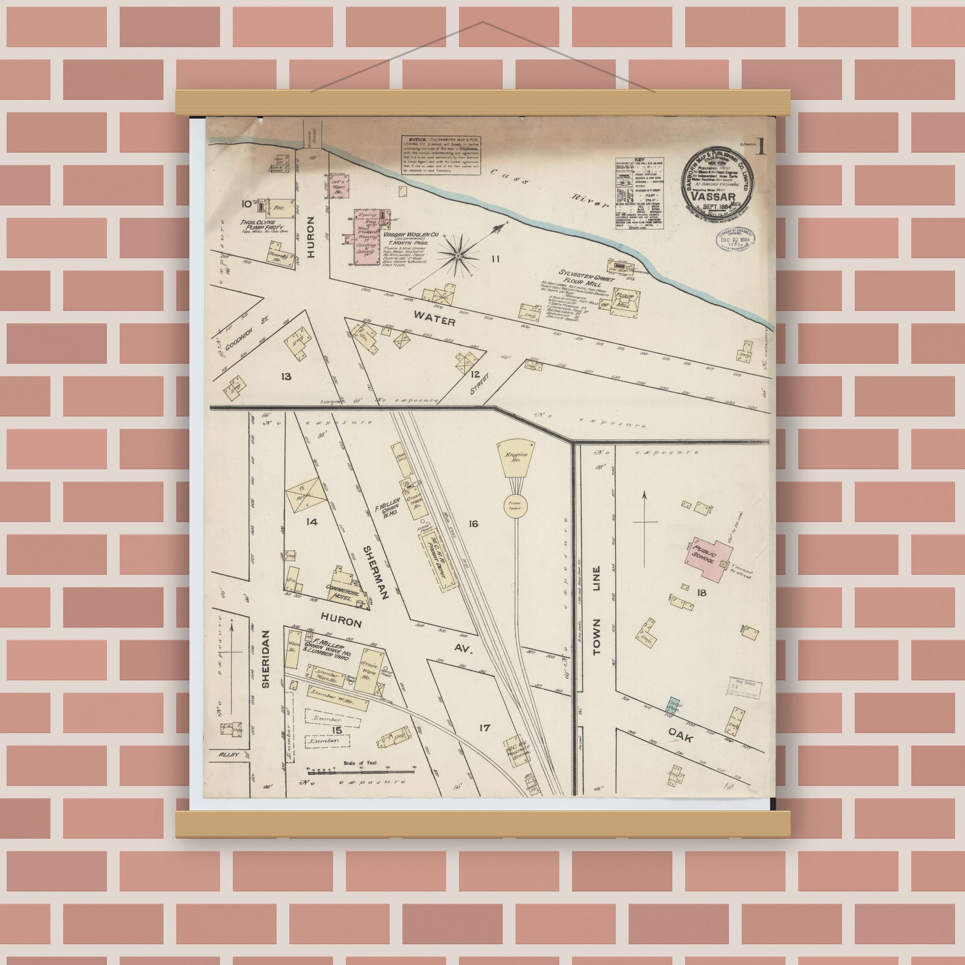 Old map wall art mockup — magnetic wood frame on brick wall — Sanborn Fire Insurance Map from Vassar, Tuscola County, Michigan (1884), Sheet #0001
