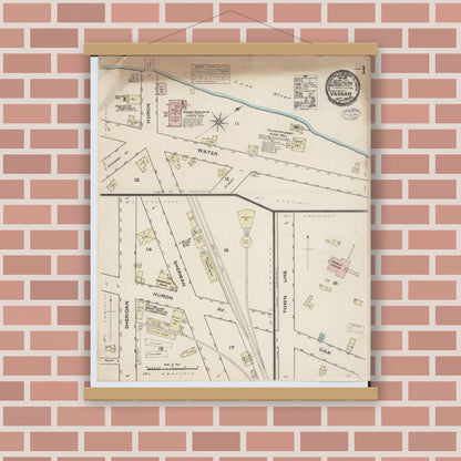 Old map wall art mockup — magnetic wood frame on brick wall — Sanborn Fire Insurance Map from Vassar, Tuscola County, Michigan (1884), Sheet #0001