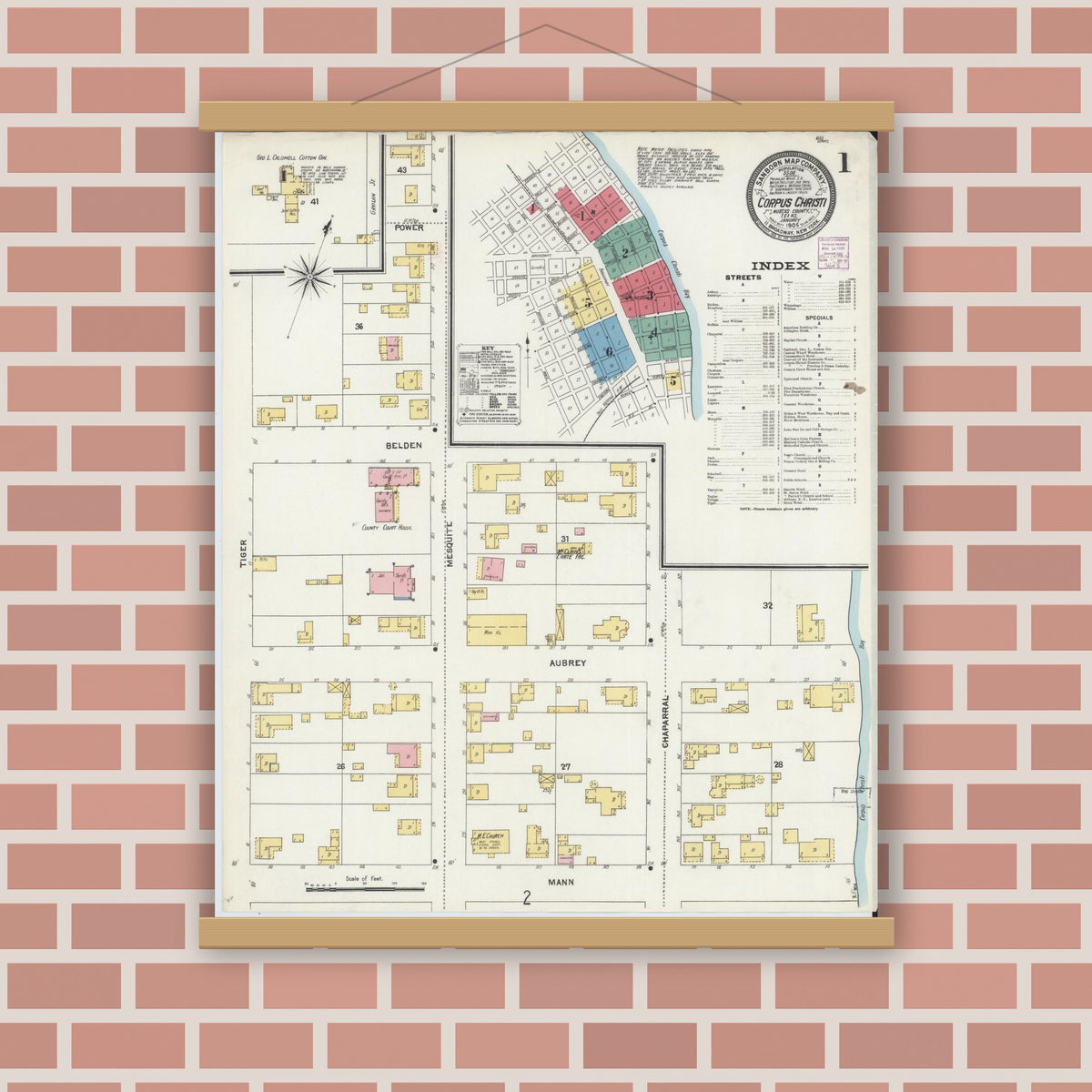 Old map wall art mockup — magnetic wood frame on brick wall — Sanborn Fire Insurance Map from Corpus Christi, Nueces County, Texas (1906) - Complete Map Set