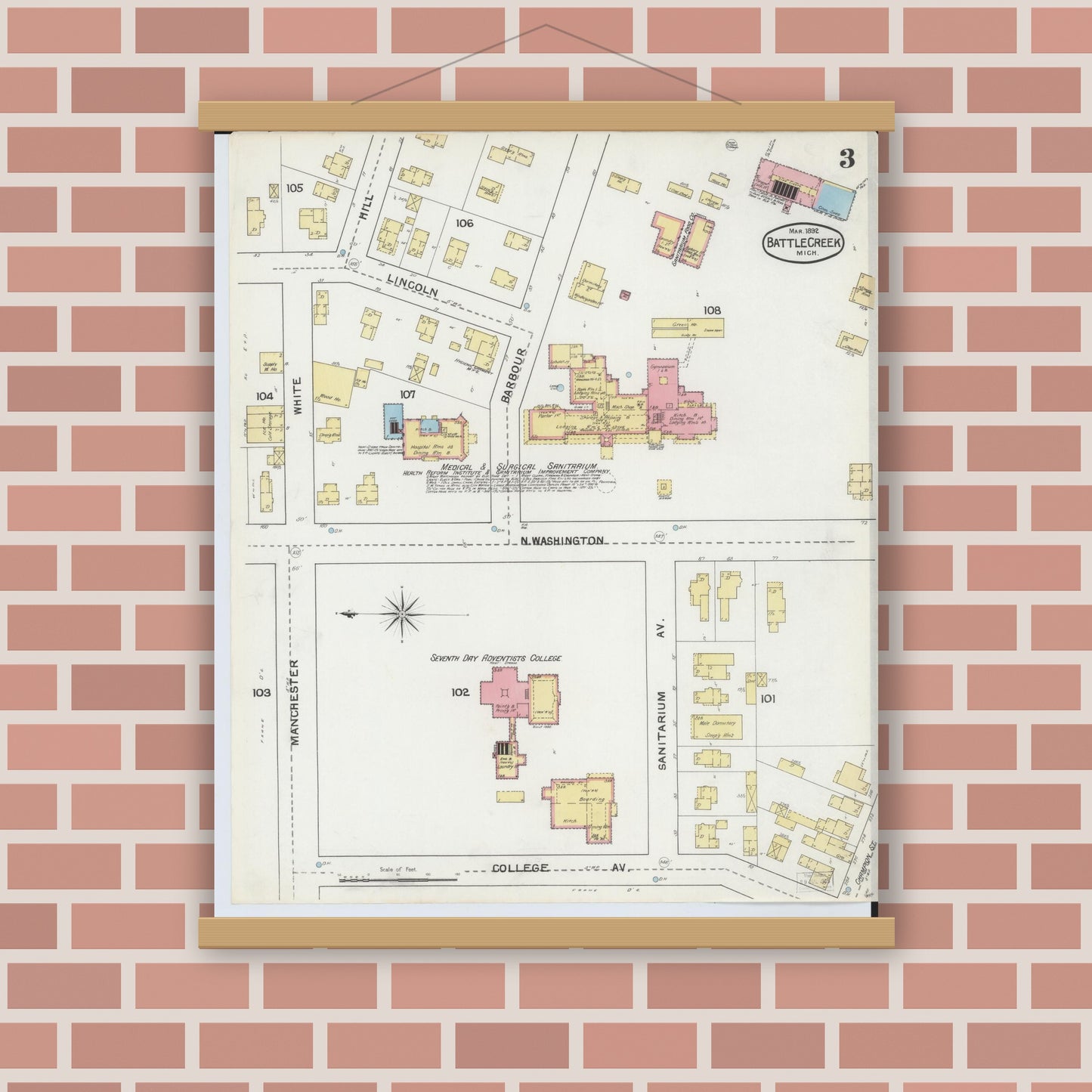 Old map wall art mockup — magnetic wood frame on brick wall — Sanborn Fire Insurance Map from Battle Creek, Calhoun County, Michigan (1892), Sheet #0003