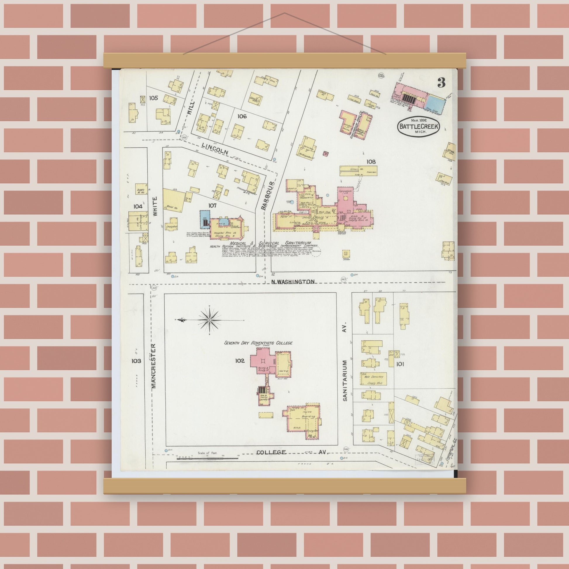 Old map wall art mockup — magnetic wood frame on brick wall — Sanborn Fire Insurance Map from Battle Creek, Calhoun County, Michigan (1892), Sheet #0003