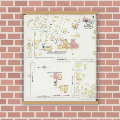Old map wall art mockup — magnetic wood frame on brick wall — Sanborn Fire Insurance Map from Battle Creek, Calhoun County, Michigan (1892), Sheet #0003
