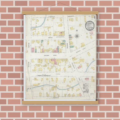 Old map wall art mockup — magnetic wood frame on brick wall — Sanborn Fire Insurance Map from Clinton, Lenawee County, Michigan (1895) - Complete Map Set