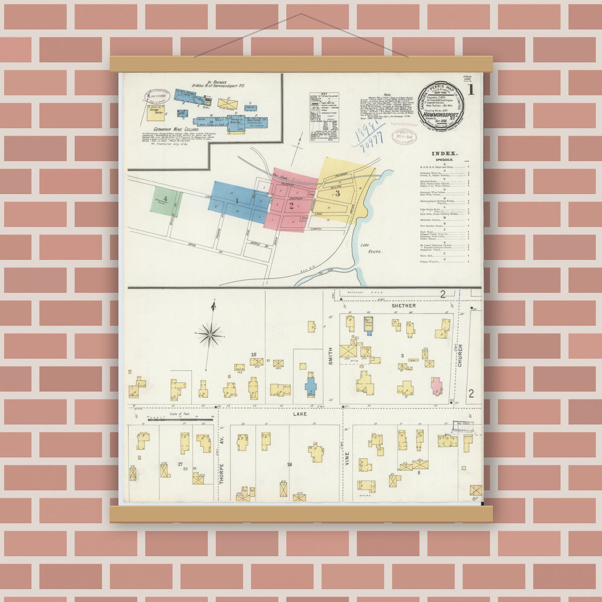Old map wall art mockup — magnetic wood frame on brick wall — Sanborn Fire Insurance Map from Hammondsport, Steuben County, New York (1898) - Complete Map Set