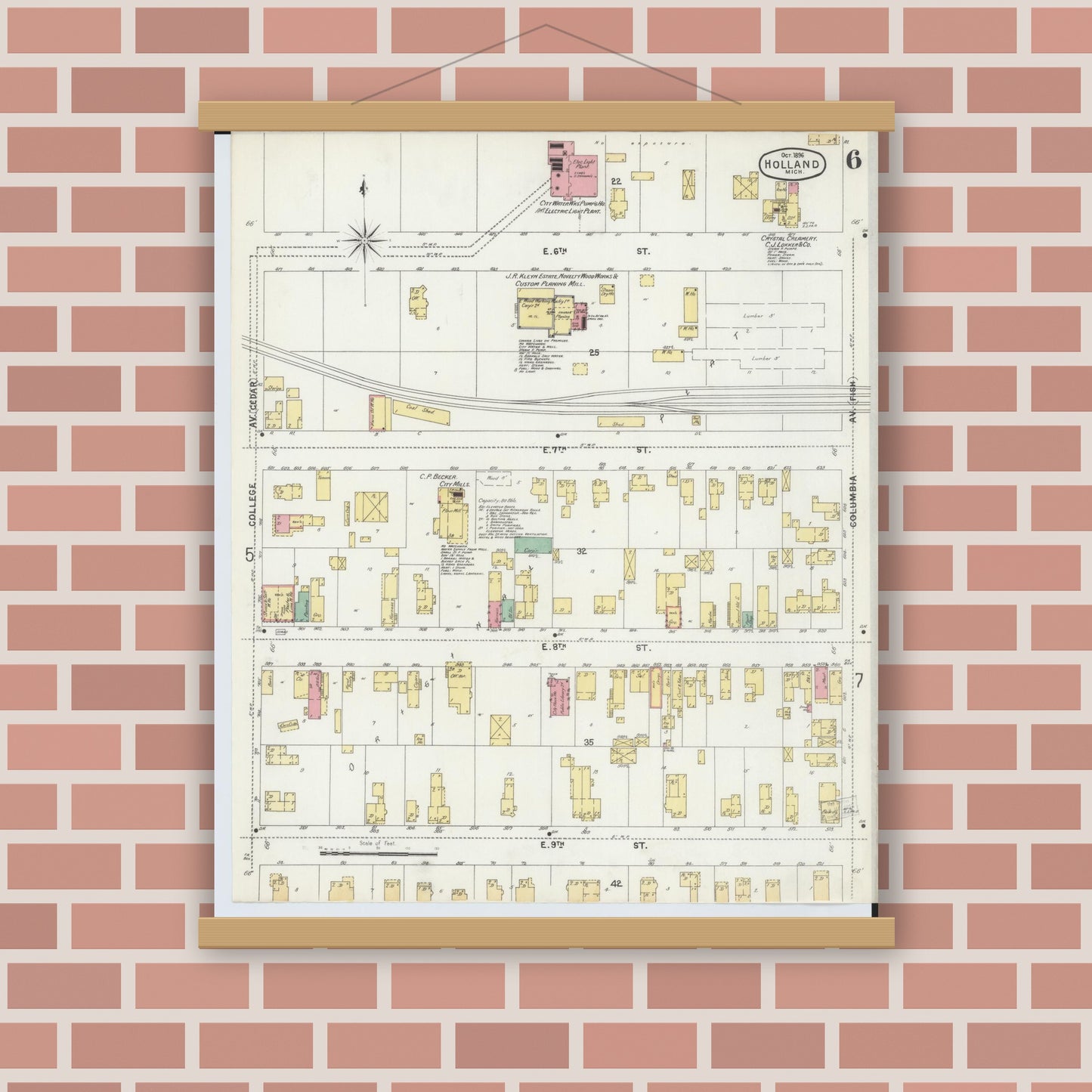 Old map wall art mockup — magnetic wood frame on brick wall — Sanborn Fire Insurance Map from Holland, Ottawa County, Michigan (1896), Sheet #0006