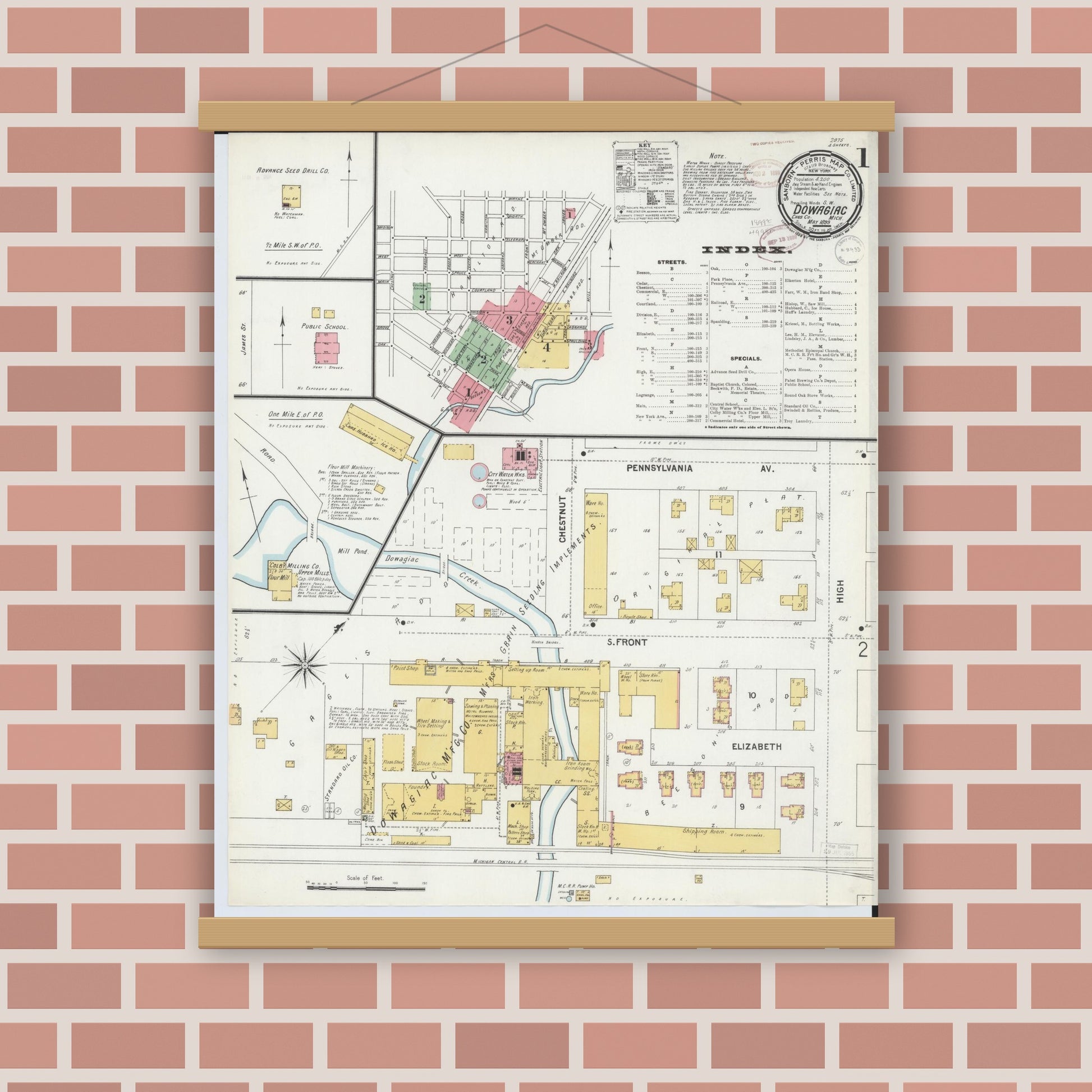 Old map wall art mockup — magnetic wood frame on brick wall — Sanborn Fire Insurance Map from Dowagiac, Cass County, Michigan (1899) - Complete Map Set