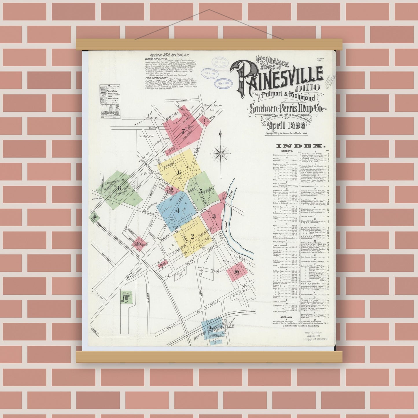 Old map wall art mockup — magnetic wood frame on brick wall — Sanborn Fire Insurance Map from Painesville, Lake County, Ohio (1898), Sheet #0001