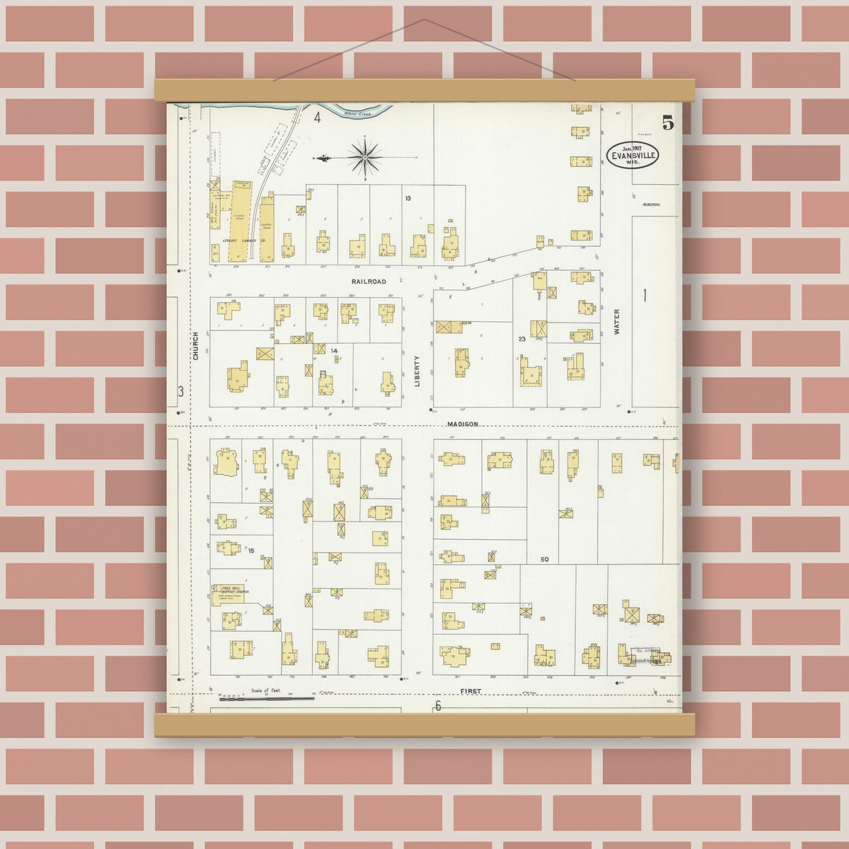 Old map wall art mockup — magnetic wood frame on brick wall — Sanborn Fire Insurance Map from Evansville, Rock County, Wisconsin (1907), Sheet #0005
