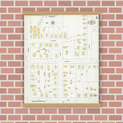 Old map wall art mockup — magnetic wood frame on brick wall — Sanborn Fire Insurance Map from Evansville, Rock County, Wisconsin (1907), Sheet #0005