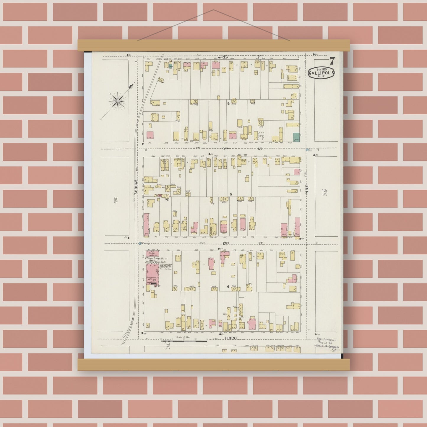 Old map wall art mockup — magnetic wood frame on brick wall — Sanborn Fire Insurance Map from Gallipolis, Gallia County, Ohio (1895), Sheet #0007