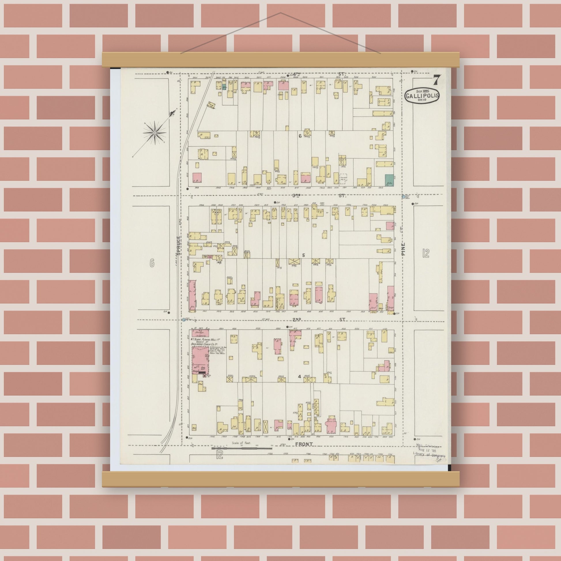 Old map wall art mockup — magnetic wood frame on brick wall — Sanborn Fire Insurance Map from Gallipolis, Gallia County, Ohio (1895), Sheet #0007