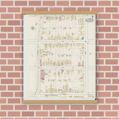 Old map wall art mockup — magnetic wood frame on brick wall — Sanborn Fire Insurance Map from Gallipolis, Gallia County, Ohio (1895), Sheet #0007