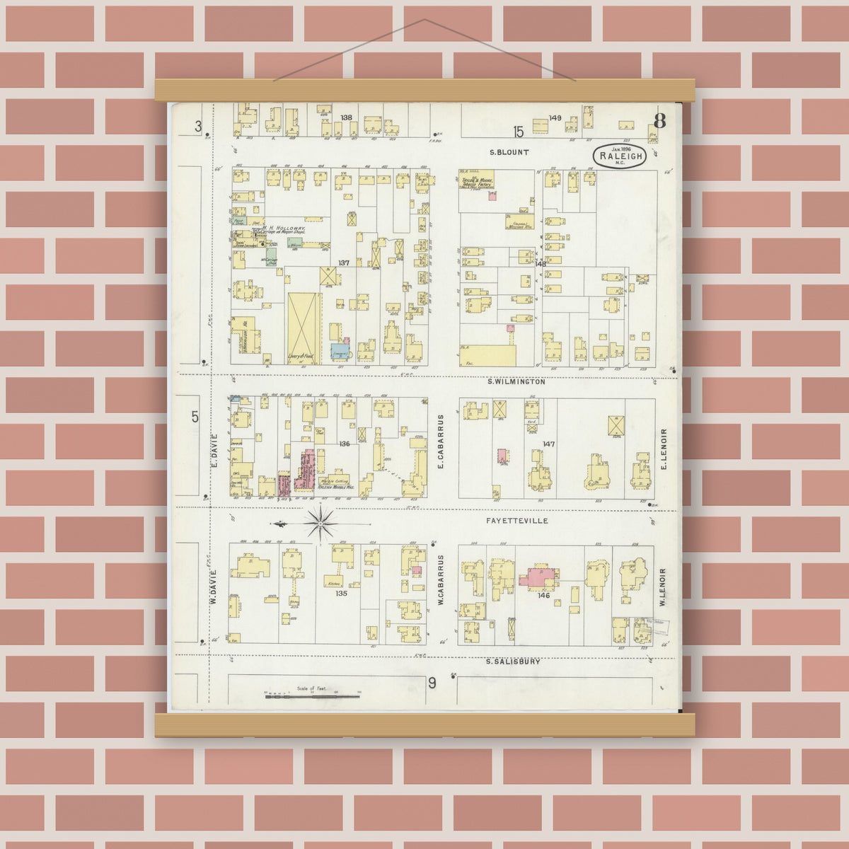 Old map wall art mockup — magnetic wood frame on brick wall — Sanborn Fire Insurance Map from Raleigh, Wake County, North Carolina (1896), Sheet #0008
