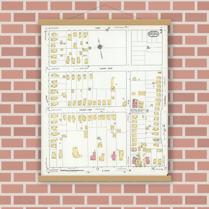 Old map wall art mockup — magnetic wood frame on brick wall — Sanborn Fire Insurance Map from Batavia, Genesee County, New York (1919), Sheet #0007