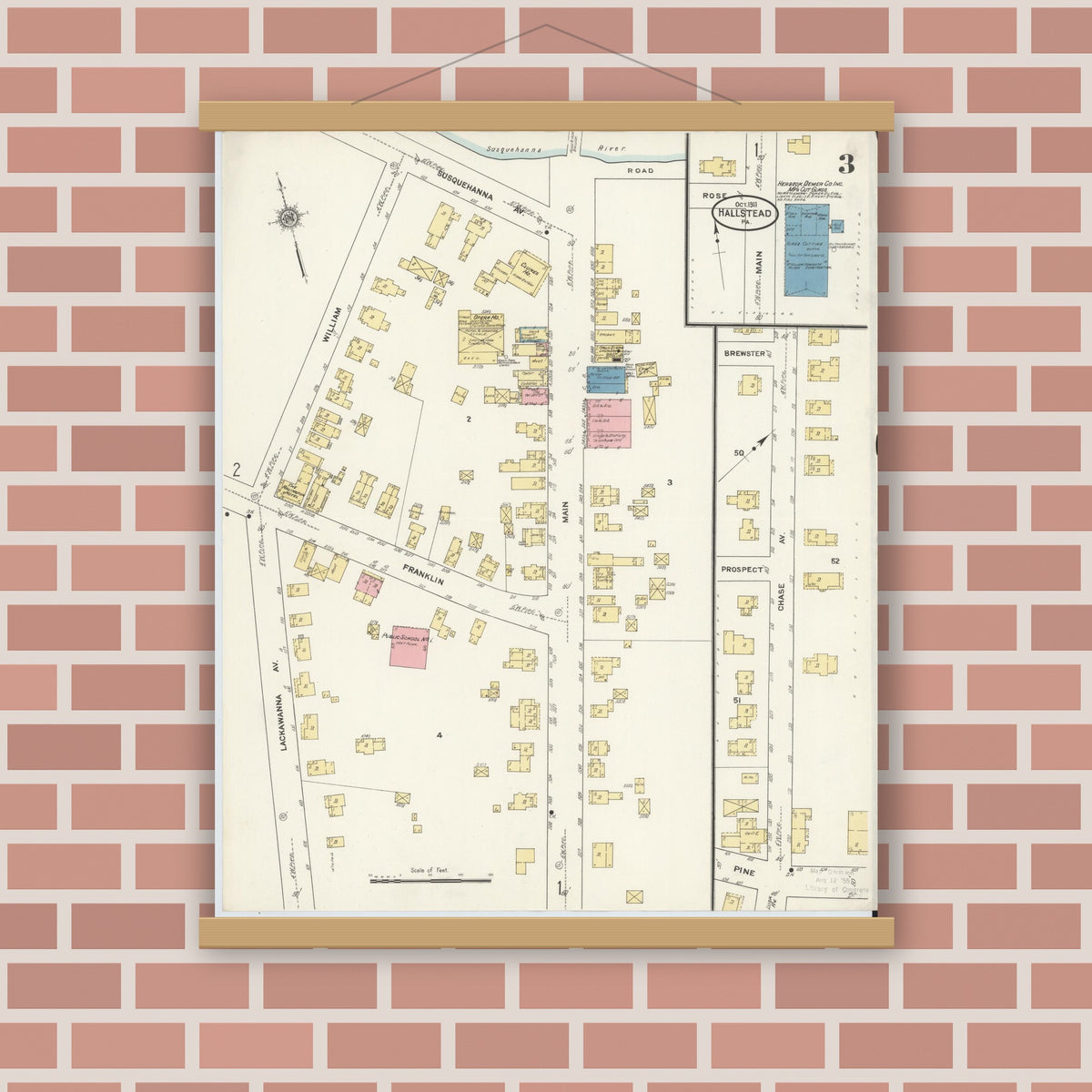 Old map wall art mockup — magnetic wood frame on brick wall — Sanborn Fire Insurance Map from Hallstead, Susquehanna County, Pennsylvania (1911), Sheet #0003