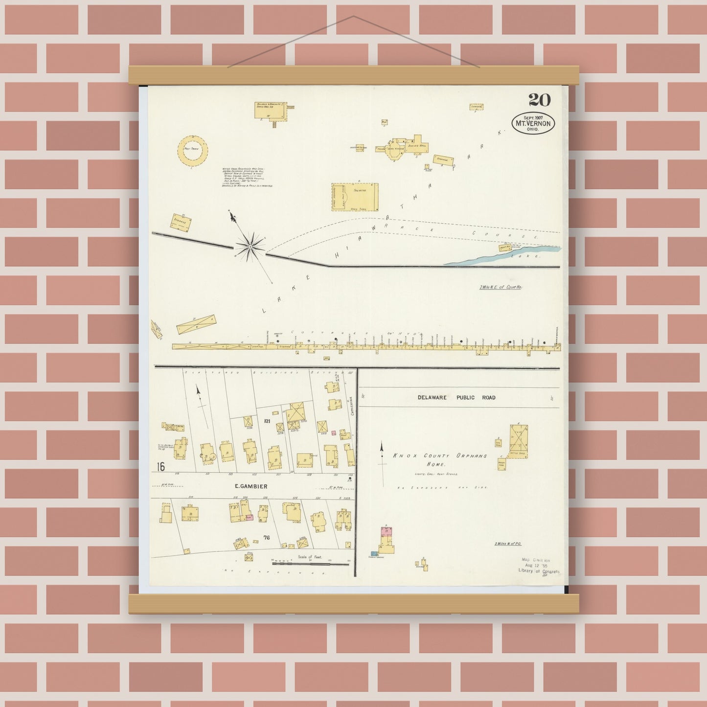 Old map wall art mockup — magnetic wood frame on brick wall — Sanborn Fire Insurance Map from Mount Vernon, Knox County, Ohio (1907), Sheet #0020