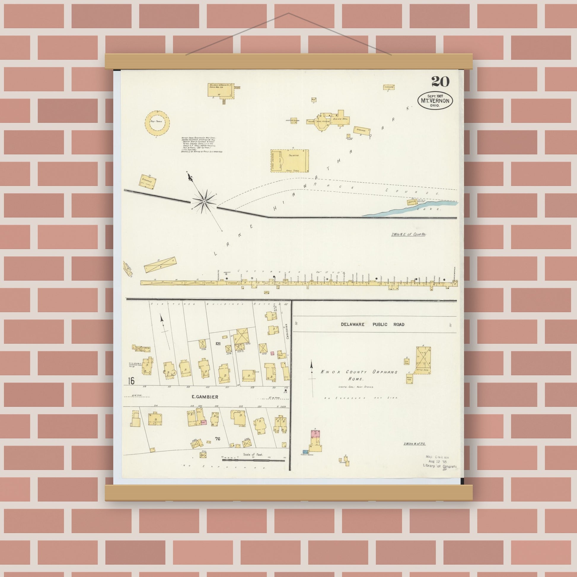 Old map wall art mockup — magnetic wood frame on brick wall — Sanborn Fire Insurance Map from Mount Vernon, Knox County, Ohio (1907), Sheet #0020