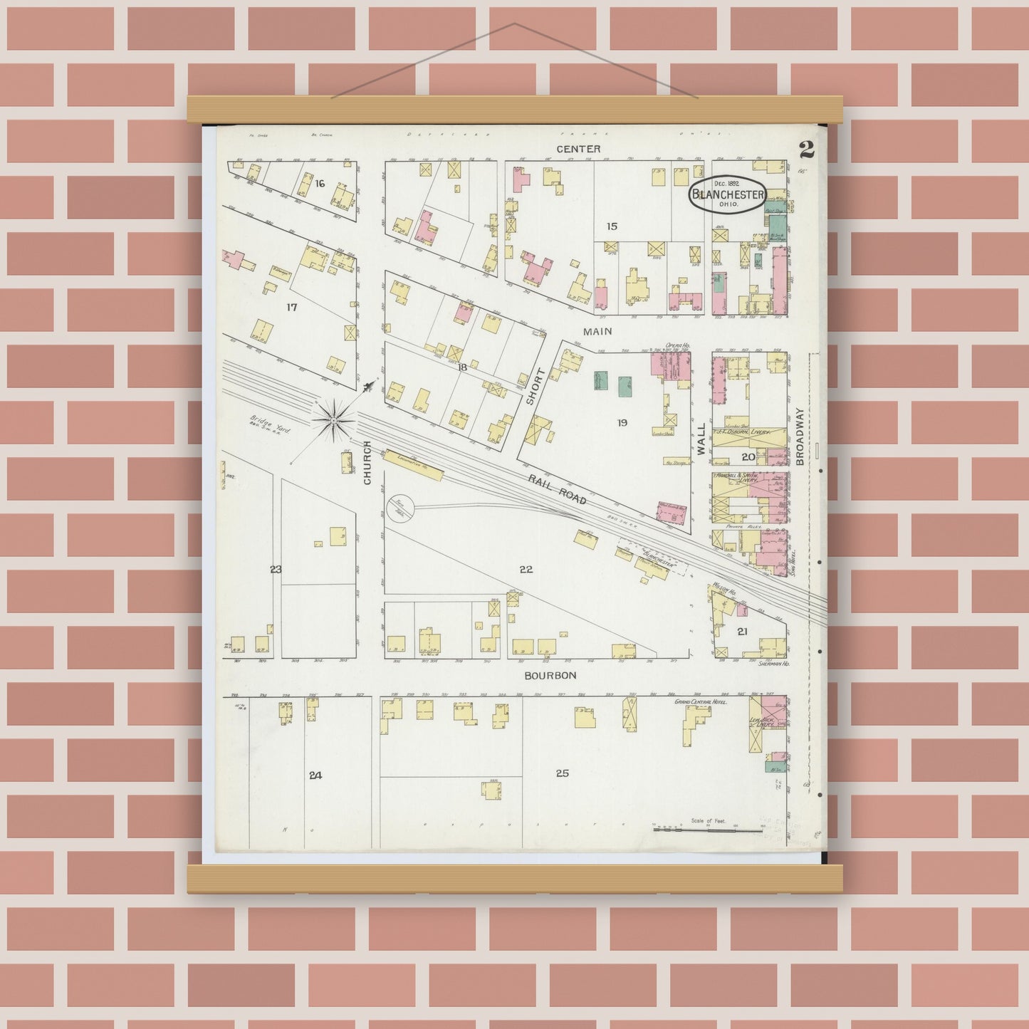 Old map wall art mockup — magnetic wood frame on brick wall — Sanborn Fire Insurance Map from Blanchester, Clinton County, Ohio (1892), Sheet #0002