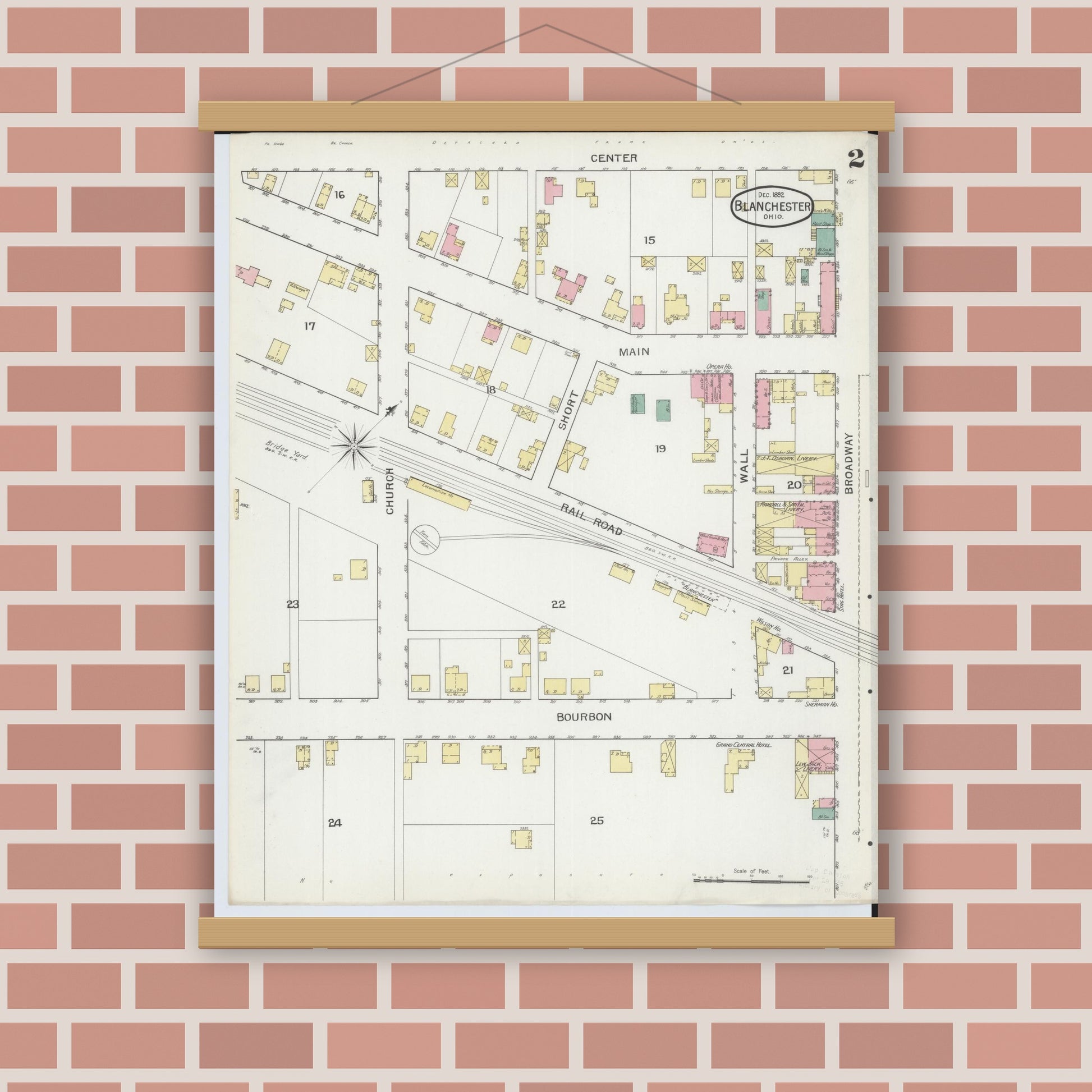Old map wall art mockup — magnetic wood frame on brick wall — Sanborn Fire Insurance Map from Blanchester, Clinton County, Ohio (1892), Sheet #0002