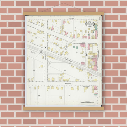 Old map wall art mockup — magnetic wood frame on brick wall — Sanborn Fire Insurance Map from Blanchester, Clinton County, Ohio (1892), Sheet #0002