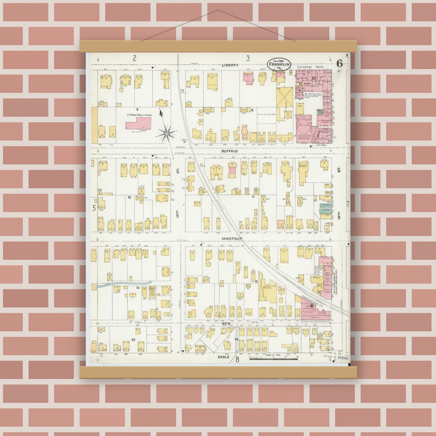 Old map wall art mockup — magnetic wood frame on brick wall — Sanborn Fire Insurance Map from Franklin, Venango County, Pennsylvania (1906), Sheet #0006
