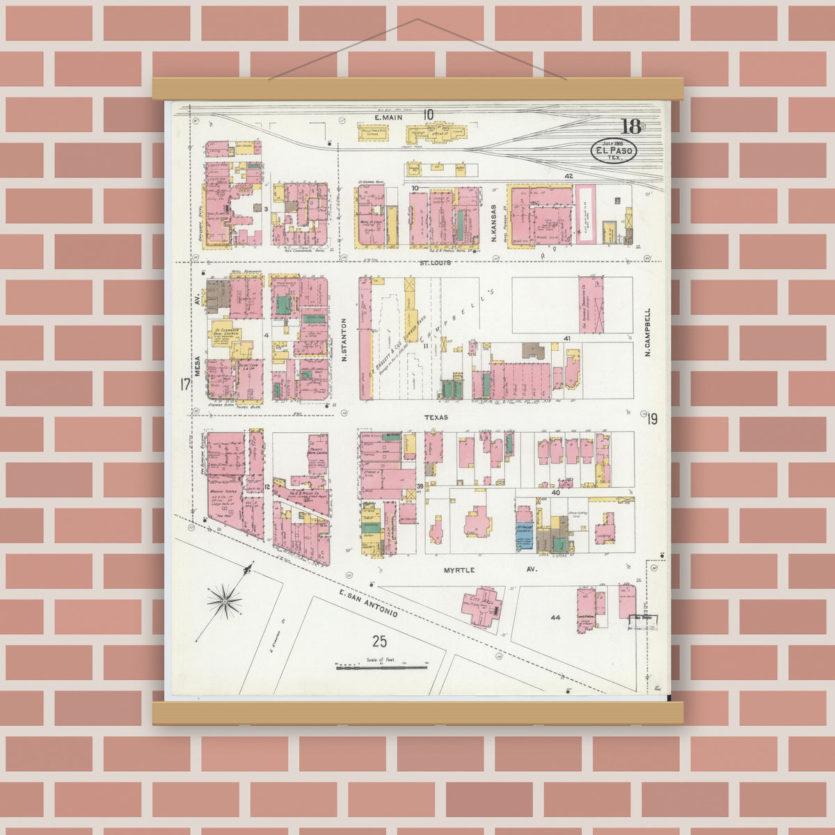 Old map wall art mockup — magnetic wood frame on brick wall — Sanborn Fire Insurance Map from El Paso, El Paso County, Texas (1905), Sheet #0018