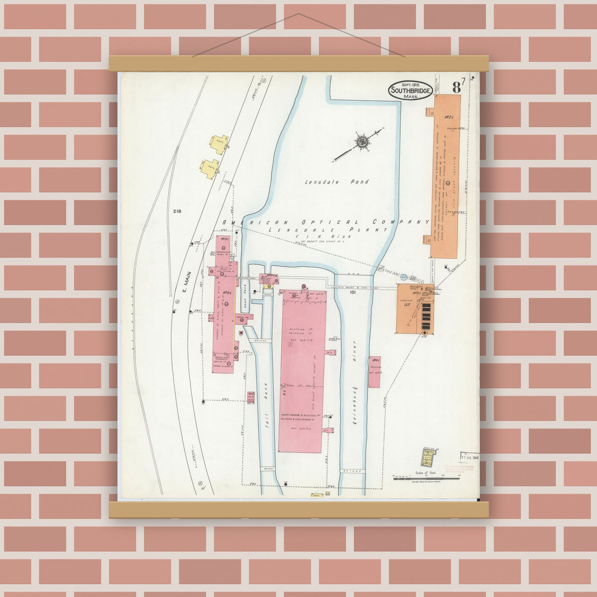 Old map wall art mockup — magnetic wood frame on brick wall — Sanborn Fire Insurance Map from Southbridge, Worcester County, Massachusetts (1918), Sheet #0008
