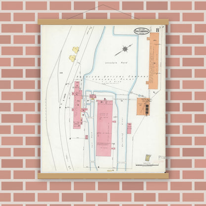 Old map wall art mockup — magnetic wood frame on brick wall — Sanborn Fire Insurance Map from Southbridge, Worcester County, Massachusetts (1918), Sheet #0008