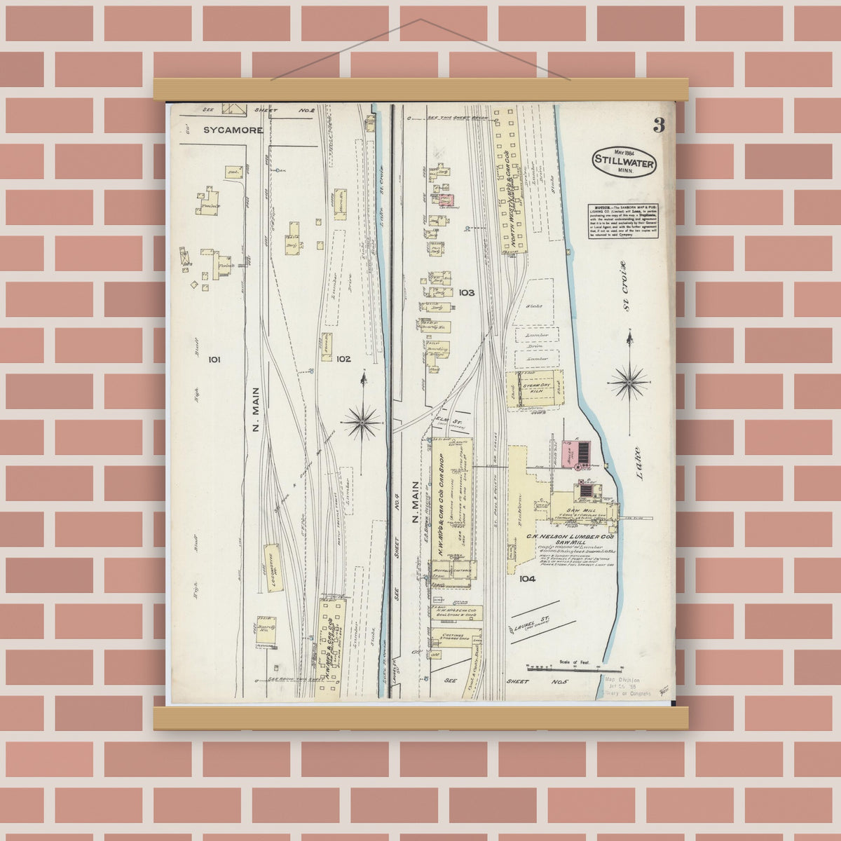 Old map wall art mockup — magnetic wood frame on brick wall — Sanborn Fire Insurance Map from Stillwater, Washington County, Minnesota (1884), Sheet #0003