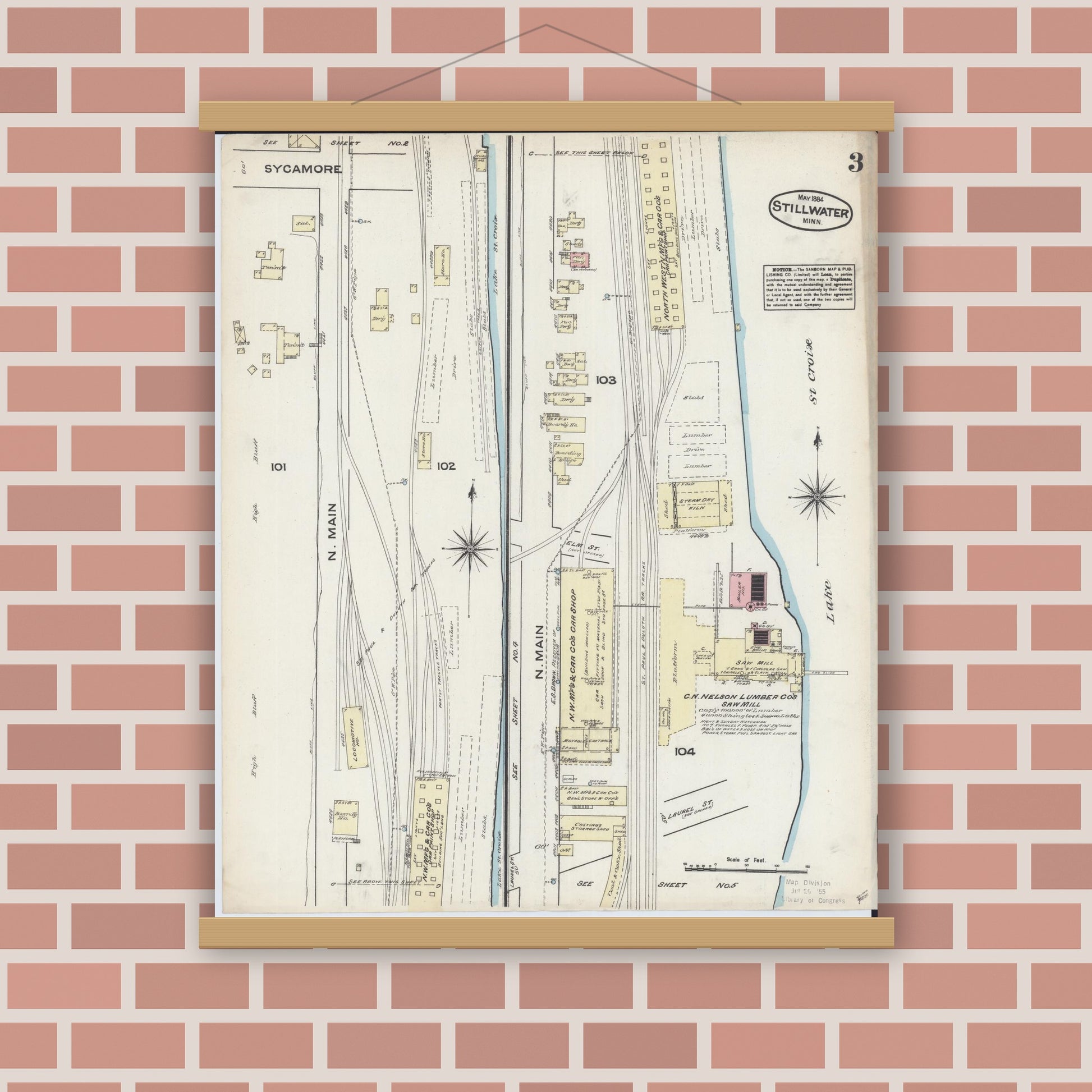 Old map wall art mockup — magnetic wood frame on brick wall — Sanborn Fire Insurance Map from Stillwater, Washington County, Minnesota (1884), Sheet #0003