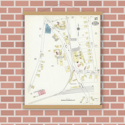 Old map wall art mockup — magnetic wood frame on brick wall — Sanborn Fire Insurance Map from Gardner, Worcester County, Massachusetts (1914), Sheet #0027