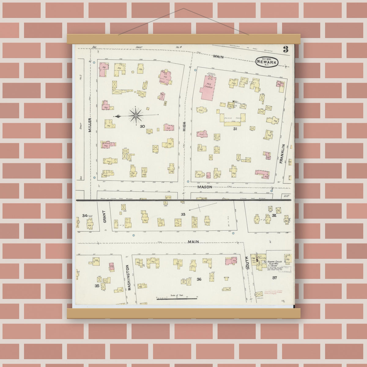 Old map wall art mockup — magnetic wood frame on brick wall — Sanborn Fire Insurance Map from Newark, Wayne County, New York (1890), Sheet #0003