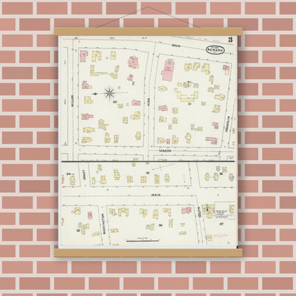 Old map wall art mockup — magnetic wood frame on brick wall — Sanborn Fire Insurance Map from Newark, Wayne County, New York (1890), Sheet #0003