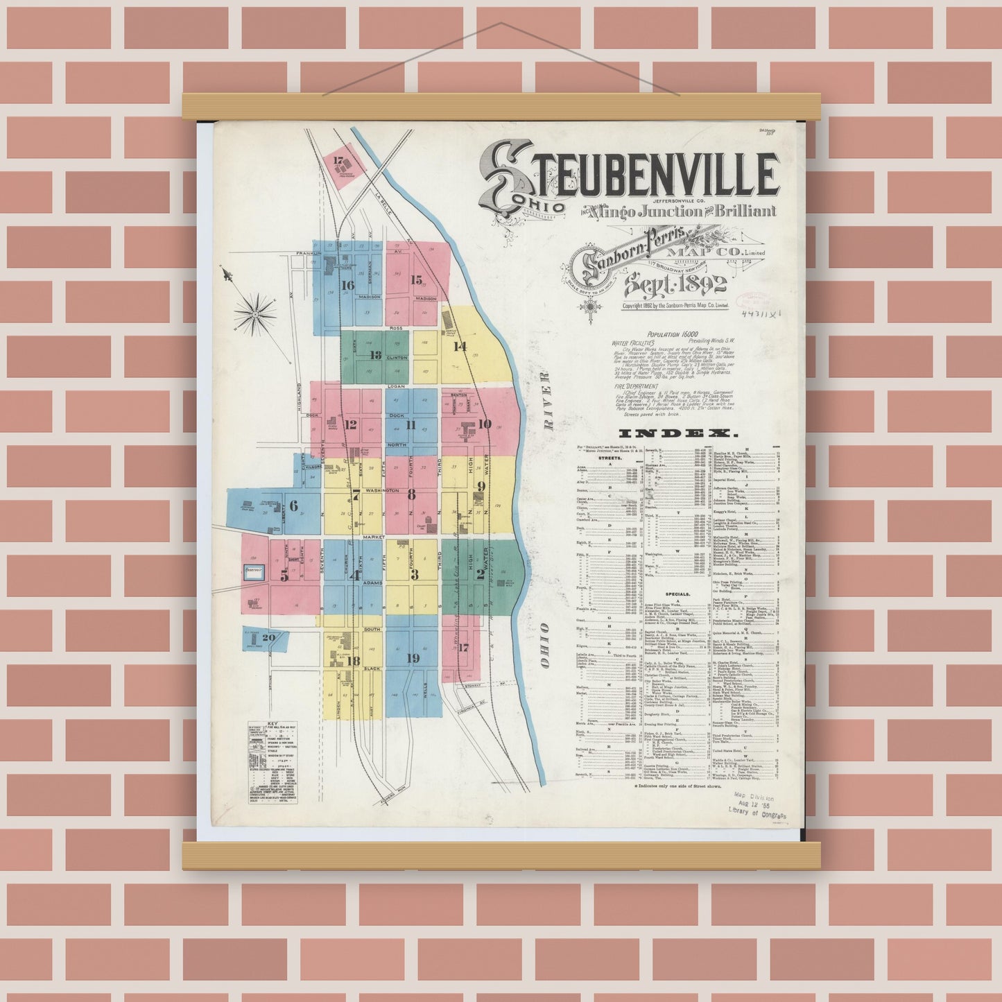 Old map wall art mockup — magnetic wood frame on brick wall — Sanborn Fire Insurance Map from Steubenville, Jefferson County, Ohio (1892), Sheet #0001