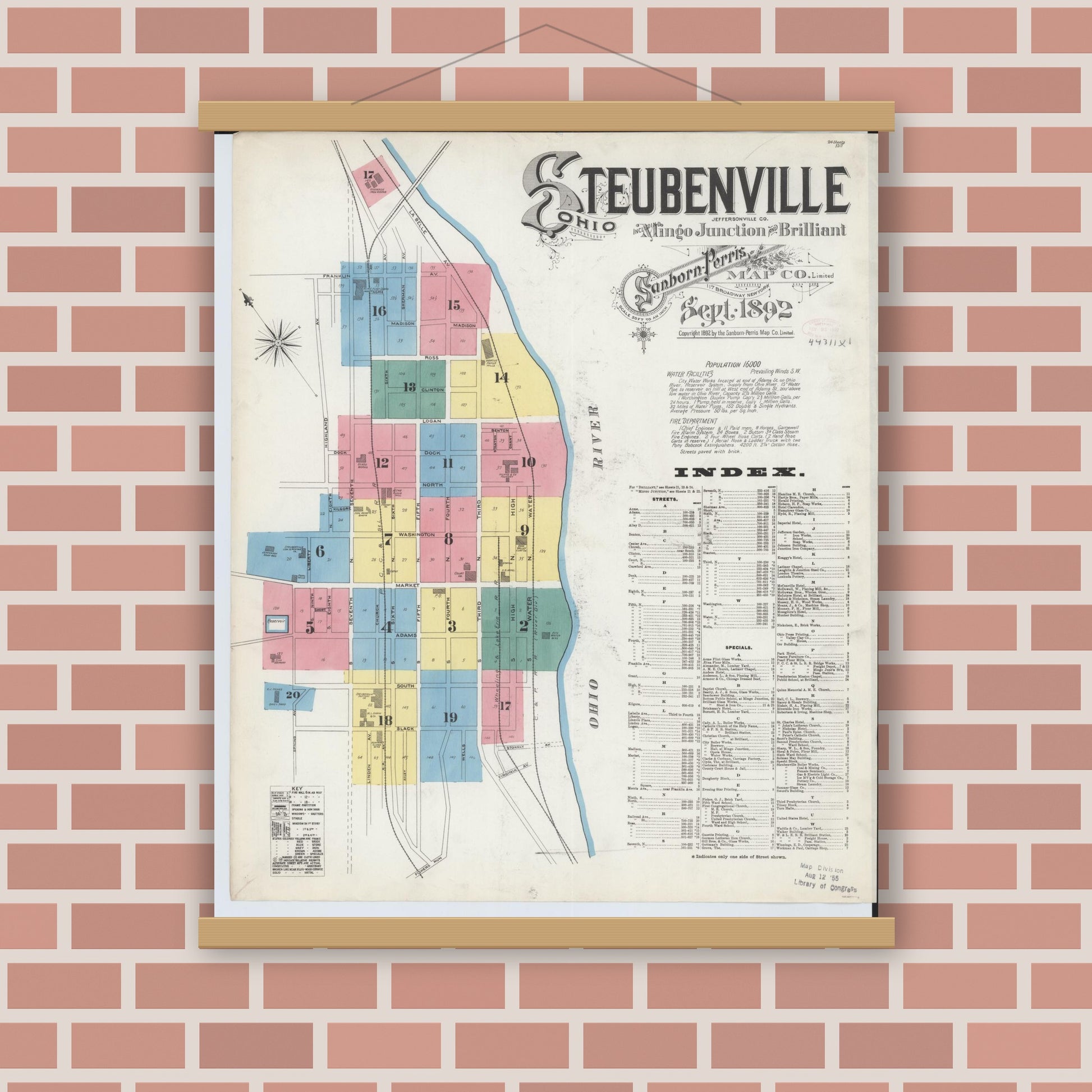 Old map wall art mockup — magnetic wood frame on brick wall — Sanborn Fire Insurance Map from Steubenville, Jefferson County, Ohio (1892), Sheet #0001