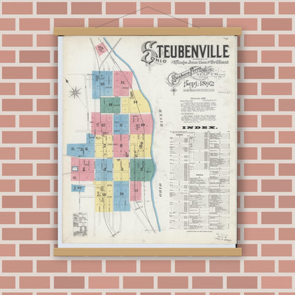 Old map wall art mockup — magnetic wood frame on brick wall — Sanborn Fire Insurance Map from Steubenville, Jefferson County, Ohio (1892), Sheet #0001