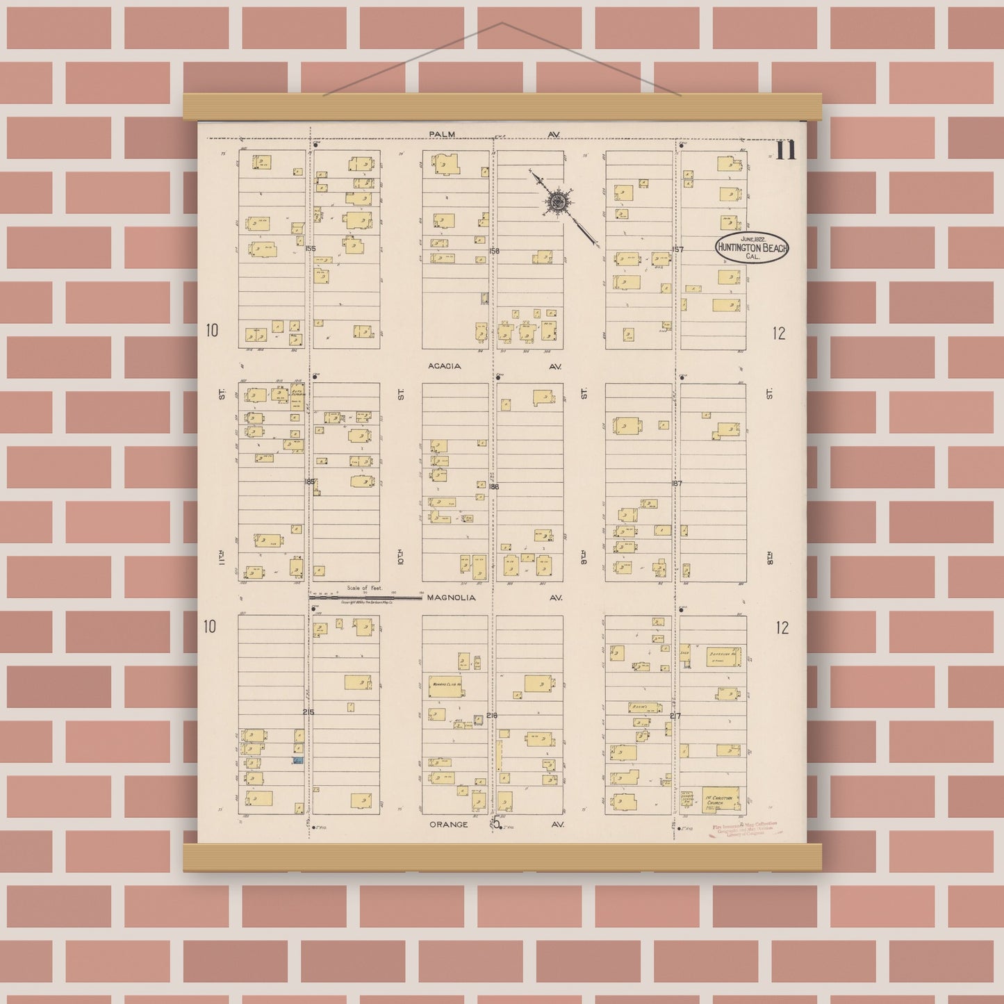 Old map wall art mockup — magnetic wood frame on brick wall — Sanborn Fire Insurance Map from Huntington Beach, Orange County, California (1922), Sheet #0011