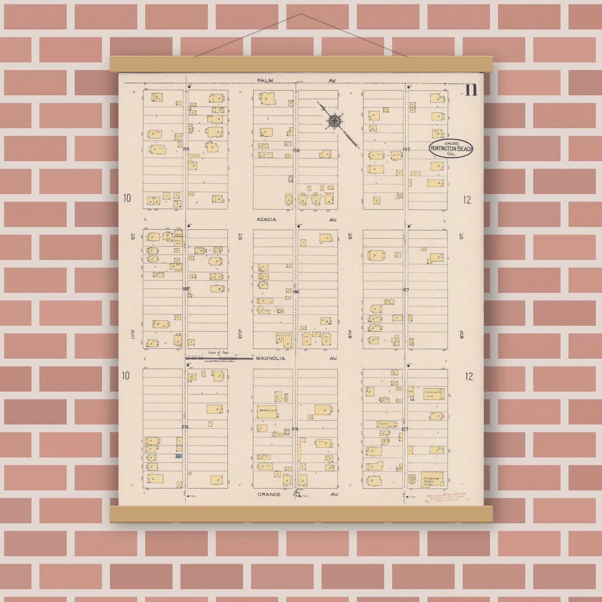Old map wall art mockup — magnetic wood frame on brick wall — Sanborn Fire Insurance Map from Huntington Beach, Orange County, California (1922), Sheet #0011