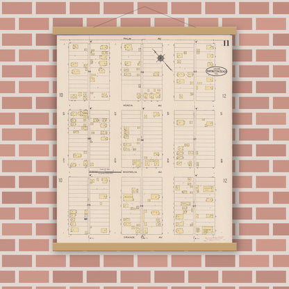 Old map wall art mockup — magnetic wood frame on brick wall — Sanborn Fire Insurance Map from Huntington Beach, Orange County, California (1922), Sheet #0011