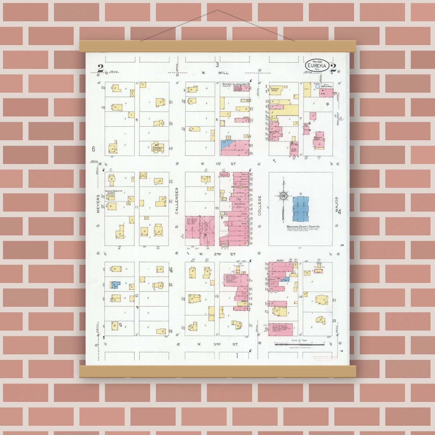 Old map wall art mockup — magnetic wood frame on brick wall — Sanborn Fire Insurance Map from Eureka, Woodford County, Illinois (1926), Sheet #0002