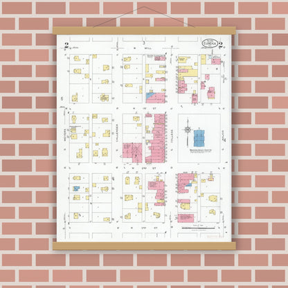 Old map wall art mockup — magnetic wood frame on brick wall — Sanborn Fire Insurance Map from Eureka, Woodford County, Illinois (1926), Sheet #0002