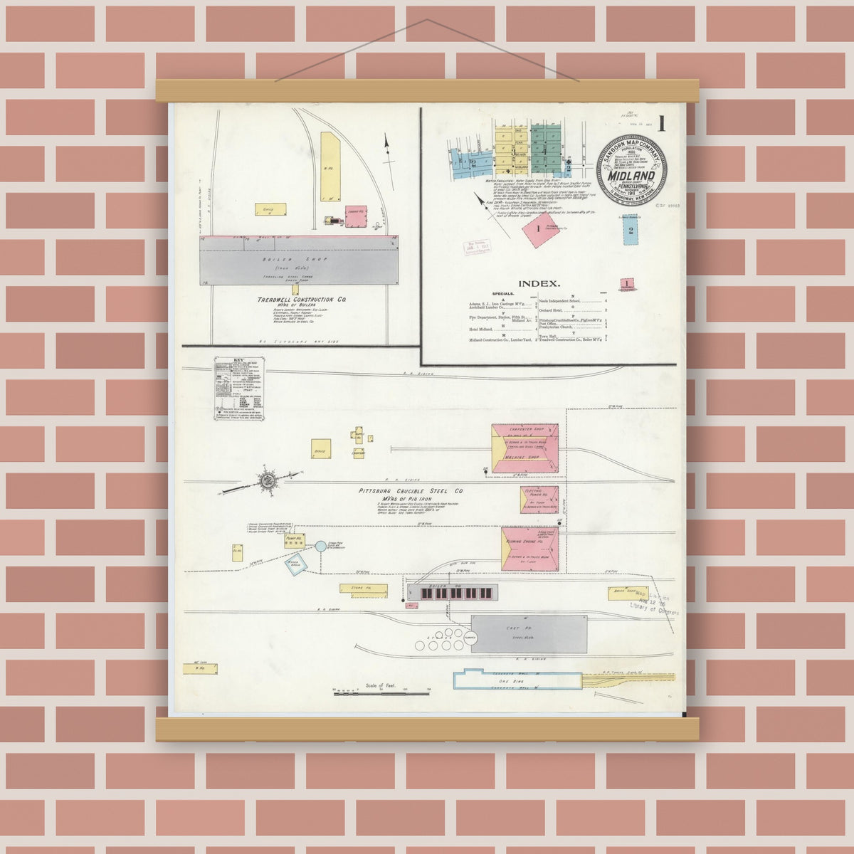 Old map wall art mockup — magnetic wood frame on brick wall — Sanborn Fire Insurance Map from Midland, Beaver County, Pennsylvania (1911), Sheet #0001