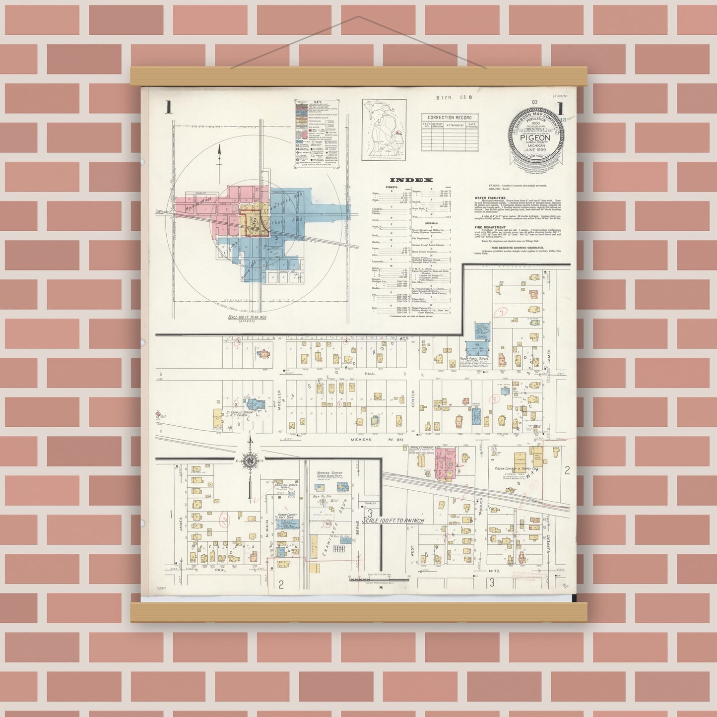 Old map wall art mockup — magnetic wood frame on brick wall — Sanborn Fire Insurance Map from Pigeon, Huron County, Michigan (1939) - Complete Map Set