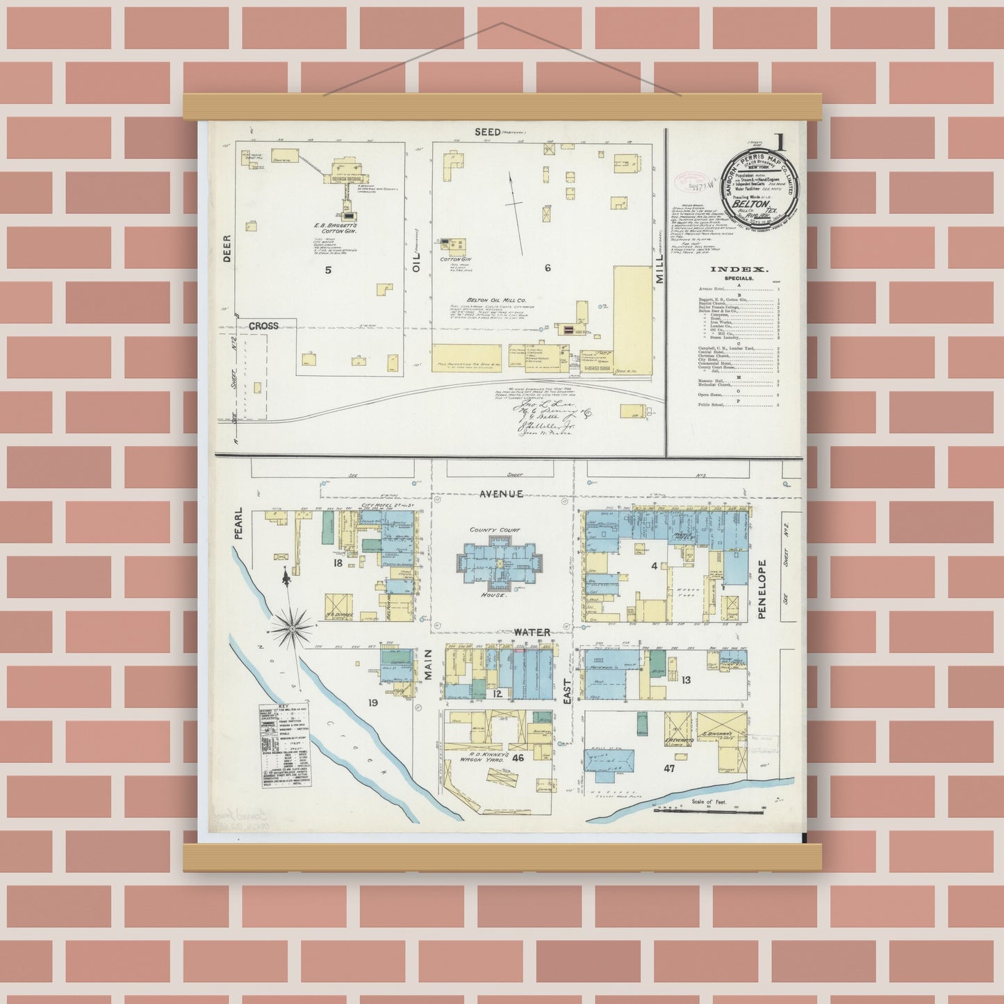 Old map wall art mockup — magnetic wood frame on brick wall — Sanborn Fire Insurance Map from Belton, Bell County, Texas (1891), Sheet #0001