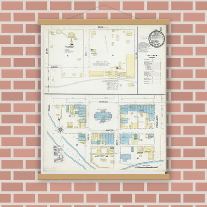 Old map wall art mockup — magnetic wood frame on brick wall — Sanborn Fire Insurance Map from Belton, Bell County, Texas (1891), Sheet #0001