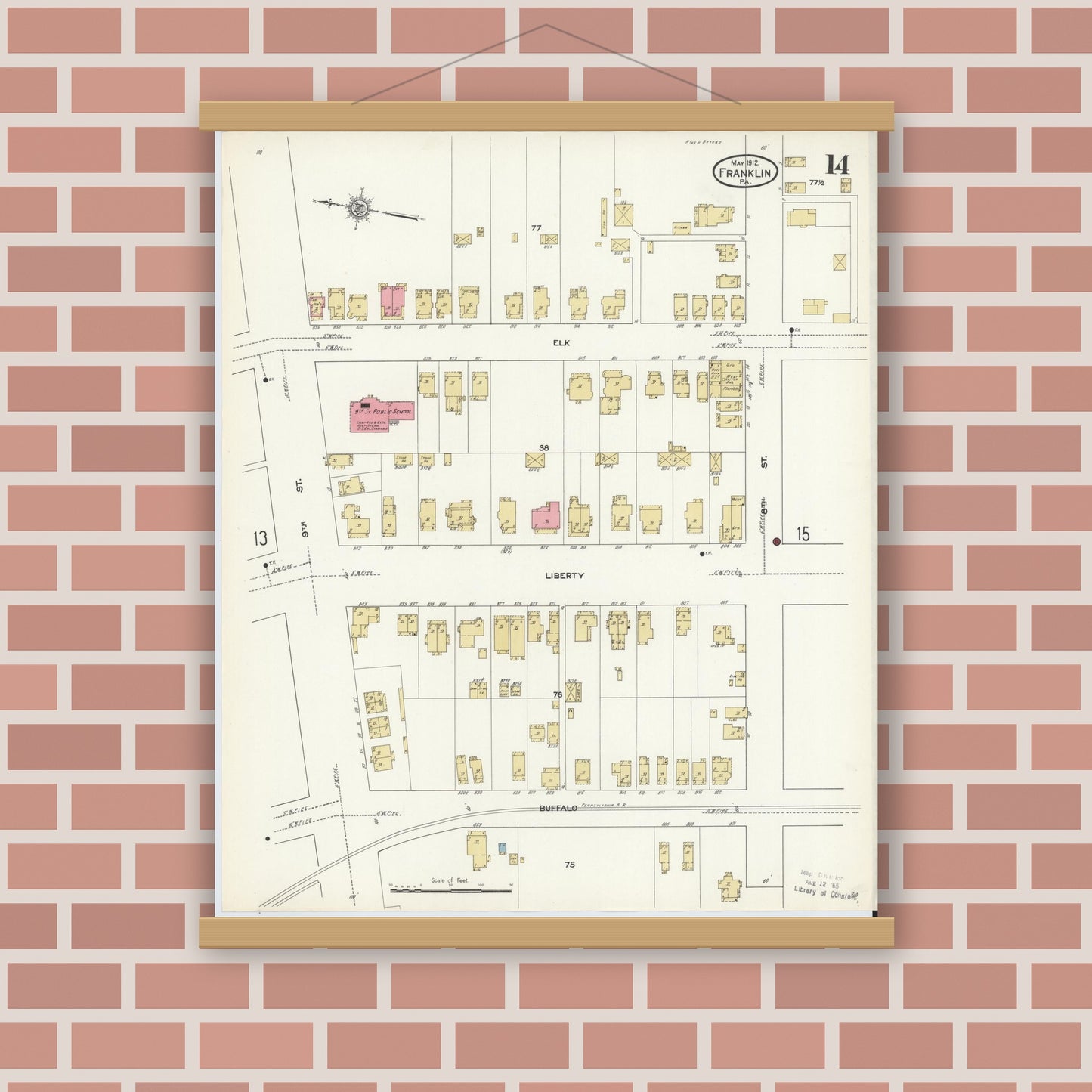 Old map wall art mockup — magnetic wood frame on brick wall — Sanborn Fire Insurance Map from Franklin, Venango County, Pennsylvania (1912), Sheet #0014