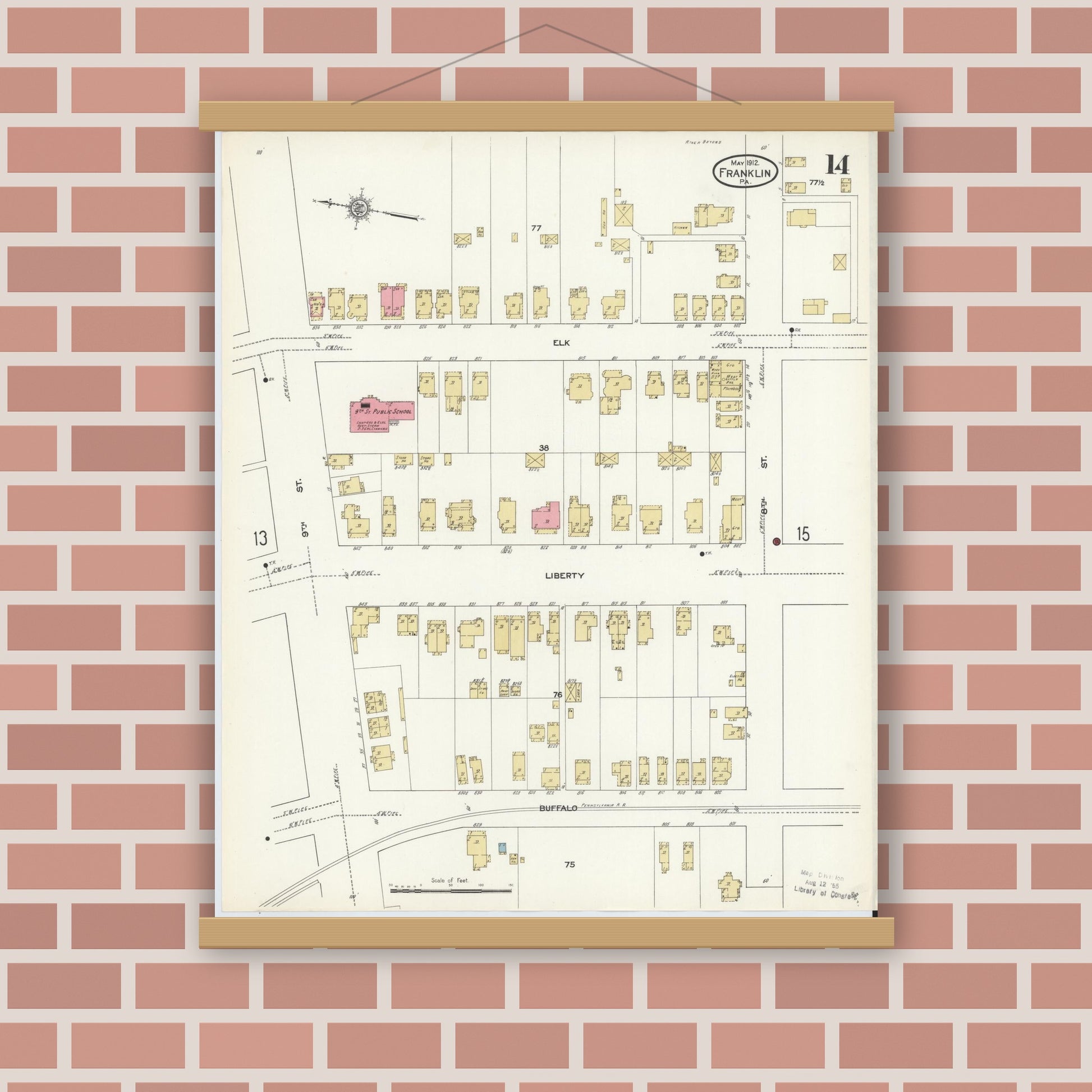 Old map wall art mockup — magnetic wood frame on brick wall — Sanborn Fire Insurance Map from Franklin, Venango County, Pennsylvania (1912), Sheet #0014